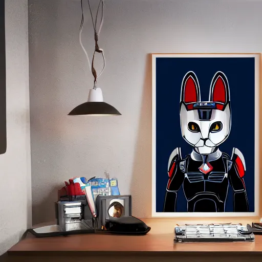 Prompt: poster, tuxedo cat, mass effect, commander shepard, n7, helmet