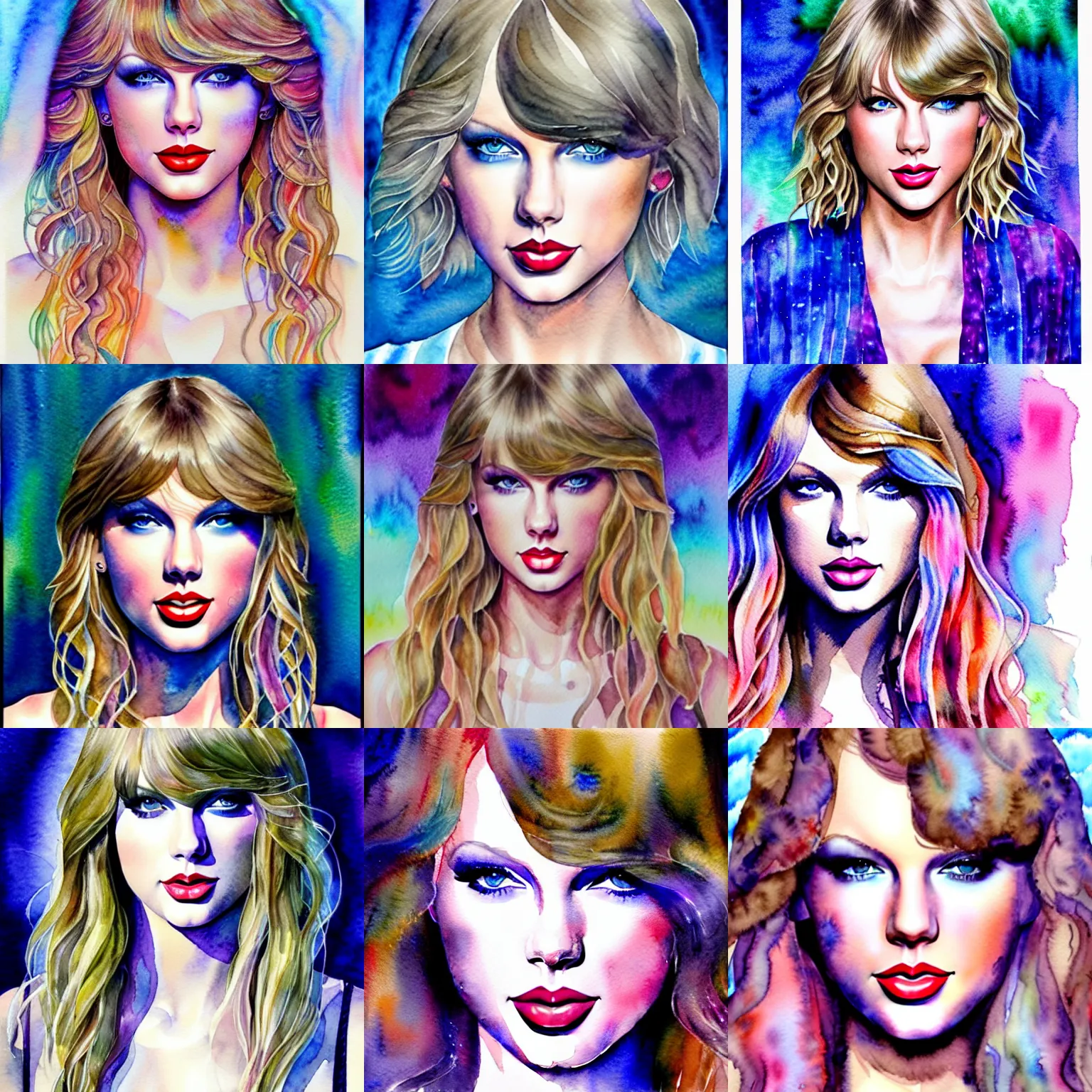 Prompt: beautiful watercolor painting of taylor swift by alex grey, award winning, 4 k, trending