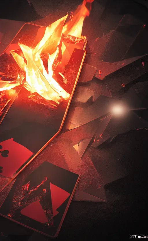 Image similar to a king of diamonds card on fire, with black and red paint in the back ground, ambient lighting, atmospherical, stunning visuals, cinematic, dynamic lighting, photorealistic fantasy concept art, trending on art station, ultra detailed