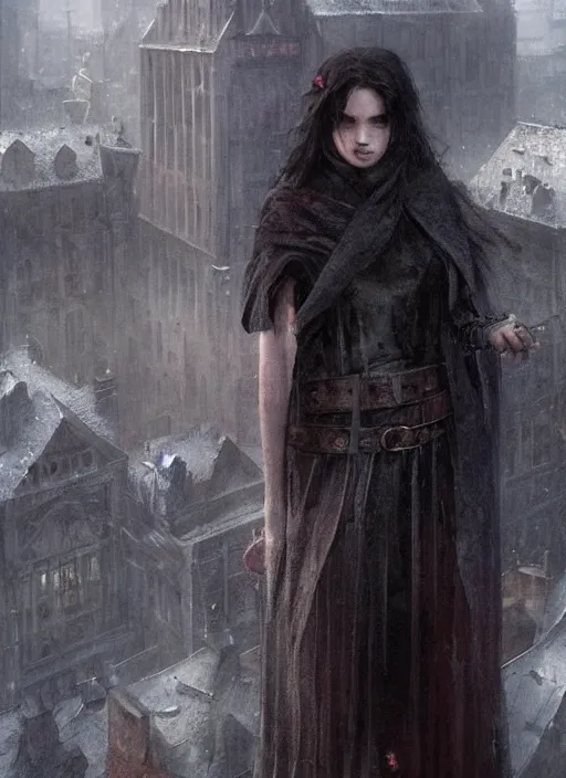 Prompt: a teenage girl with very short dark hair and a tattered grey cloak. she stands on top of a building in a gothic fantasy city. beautiful painting by greg rutkowski