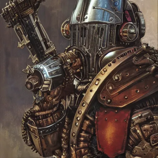 Image similar to the doomslayer as a steampunk knight, realistic closeup portrait art by norman rockwell and donato giancola and greg rutkowski, a - symmetrical