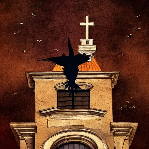 Image similar to A clown on the roof of the church playing with crows, futurist, digital art, dramatic lighting, symbolic