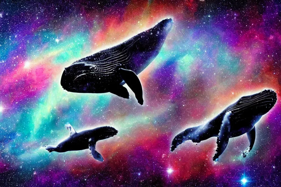 Prompt: a beautiful humpback whale made of stardust swimming through a colorful nebula in space while an astronaut watches from afar