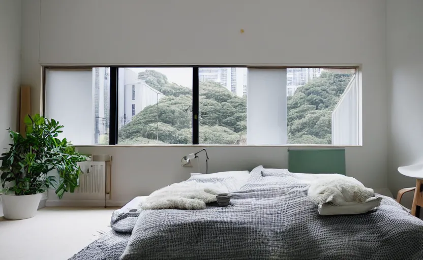 Image similar to a bright and cozy minimalist bedroom, white and pine wood, bed, cupboards, green potted plants, large window with a view of large concrete Japanese apartment blocks