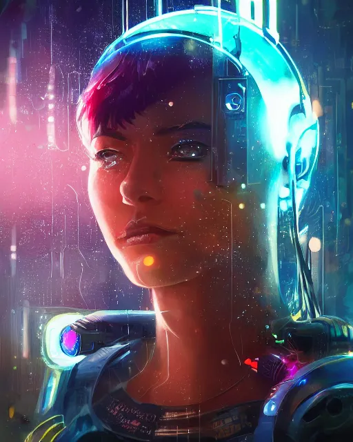 Prompt: a cyberpunk close up portrait of cyborg athena, electricity, sparks, bokeh, soft focus, sparkling, glisten, water drops, cold, dark, geometric, temples behind her, by paul lehr, jesper ejsing