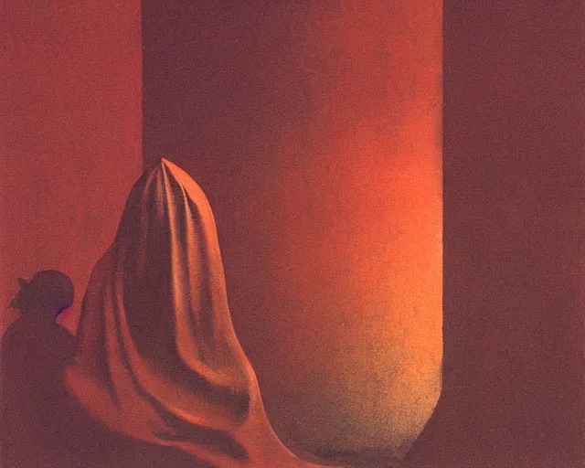 Image similar to by francis bacon, beksinski, mystical redscale photography evocative. devotion to the scarlet woman, priestess in a conical hat, coronation, ritual, sacrament