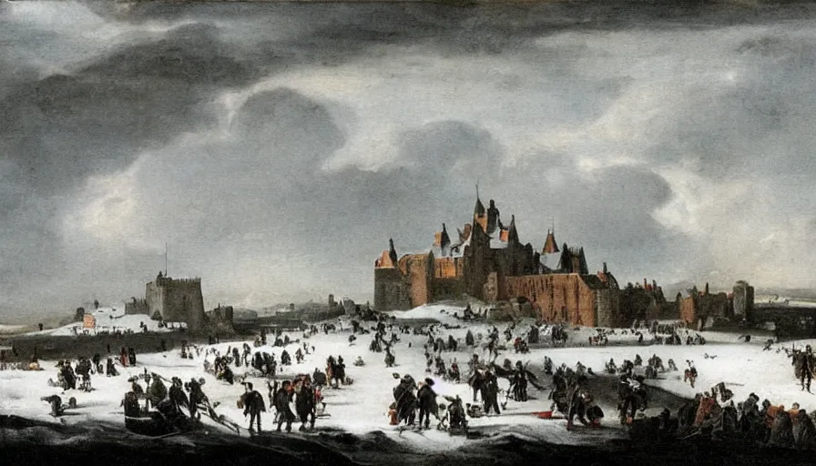 Image similar to huge castle upon a hill covered in snow with a dark cloudy stormy sky, striking landscape, dramatic scene during the first anglo - dutch war painted by jan beerstraaten