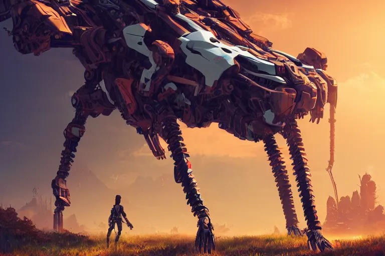 Image similar to longleg machine mecanical creature robot of horizon forbidden west horizon zero dawn radiating a glowing aura global illumination ray tracing hdr fanart arstation by ian pesty and alena aenami artworks in 4 k