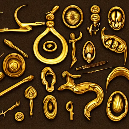 Prompt: polished gold tools designed in the style of body horror