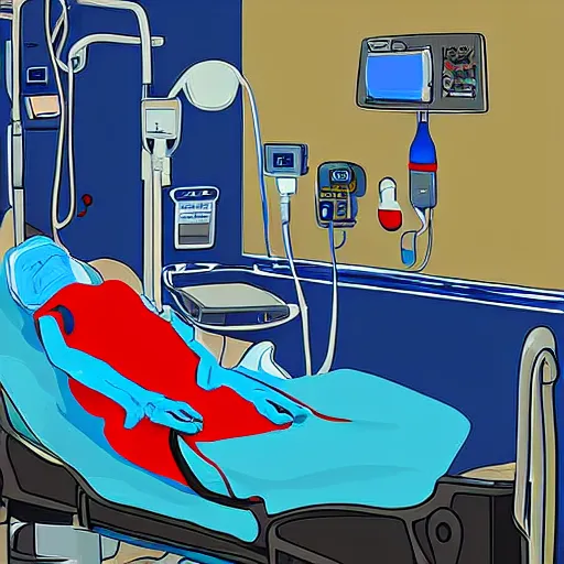 Image similar to IV station with patient in hospital bed getting blood transfusion, digital art