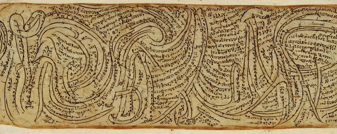 Image similar to ancient book with images of spaghetti, in the style of the voynich manuscript, fine detail,