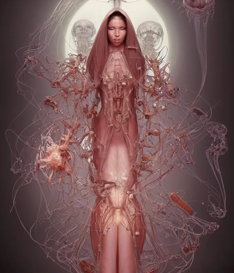 Image similar to fully symmetrical centered portrait of a beautiful princess in robe. artificial muscles, ribcage, bones, hard surface modelling. cyberpunk look. biomechanical mask. bio luminescent biomechanical halo around head. jellyfish. artwork by jarold Sng by artgerm, by Eddie Mendoza, by Peter mohrbacher by tooth wu by alfons mucha, unreal engine, octane render, cinematic light, iridescent details, iridescent colors, dichroic, macro, depth of field, blur