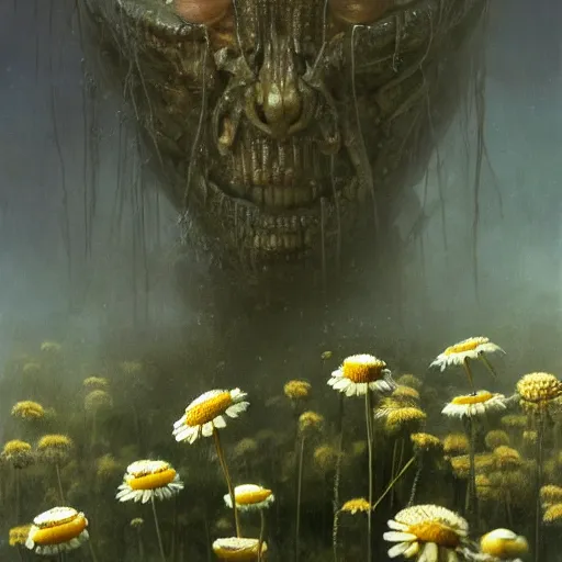 Image similar to a chamomile | highly detailed oil painting, hyperrealistic, very intrincate | cinematic lighting, award - winning | by rachel ruysch, giger, beksinski and bocklin | by austin osman spare and william blake, trending on artstation, cgsociety, official art, octane.