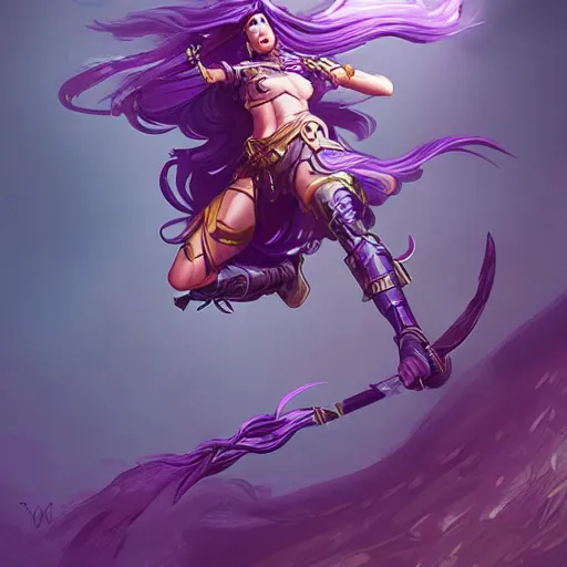 Image similar to beautiful female warrior with long purple hair and sword leaping through the air, highly detailed, trending on artstation, stylized, by WLOP