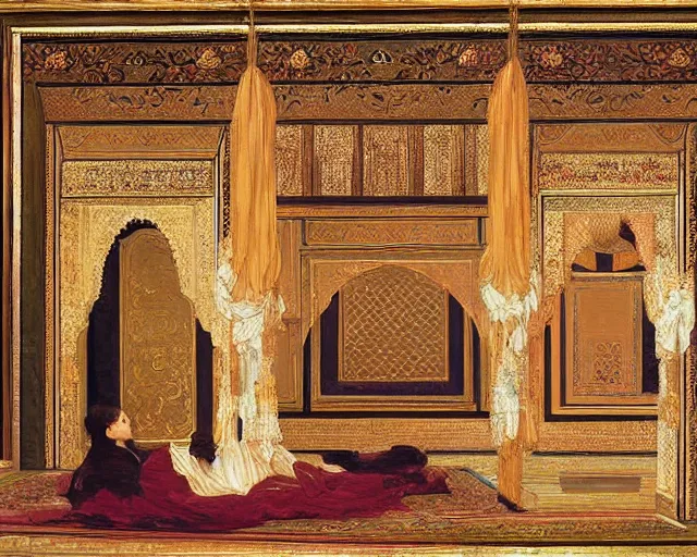 Image similar to a beautiful, detailed oil painting in the orientalist style, of the ornate chambers of an oriental arabian princess, with screens and silks, by frederic leighton