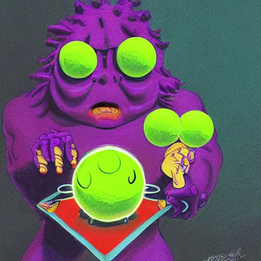 Image similar to a Andy Milonakis tennis ball monster, tennis ball, lightning, chalk, digital art, fantasy, magic, trending on artstation, ultra detailed, professional illustration by Basil Gogos