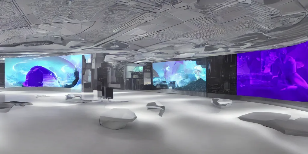 Image similar to stunning futuristic AI lab, projection screens, immersive graphics