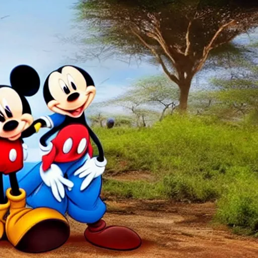 Prompt: Mickey Mouse in Africa helping starving children, photo, BBC