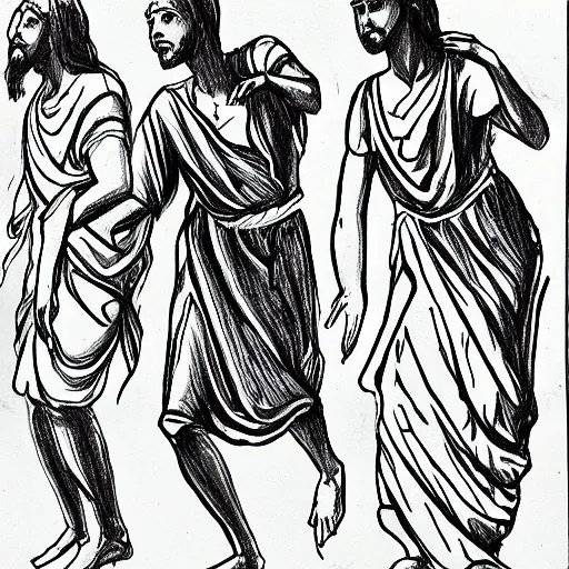 Image similar to a gesture draw of people in Biblical clothing dancing. Gesture draw, pen