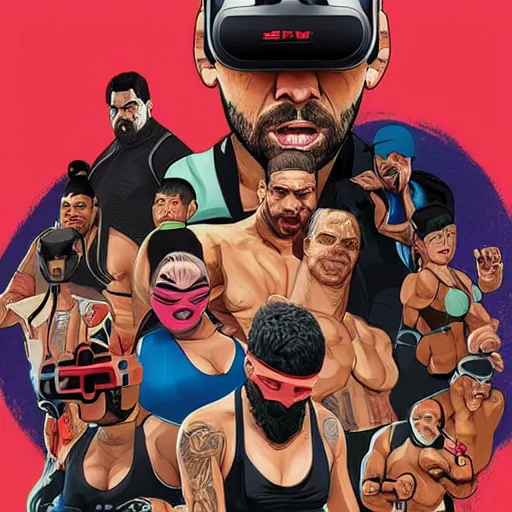 Image similar to poster art of wrestlers wearing vr headsets, gta cover, apex legends, tap out, ufc, digital illustration by sam spratt