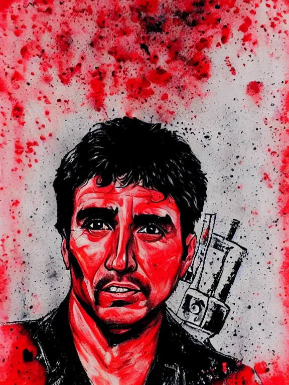 Prompt: headshot portrait. tony montana from movie scarface. perfect face, fine details., 4 k, red and black ink paint