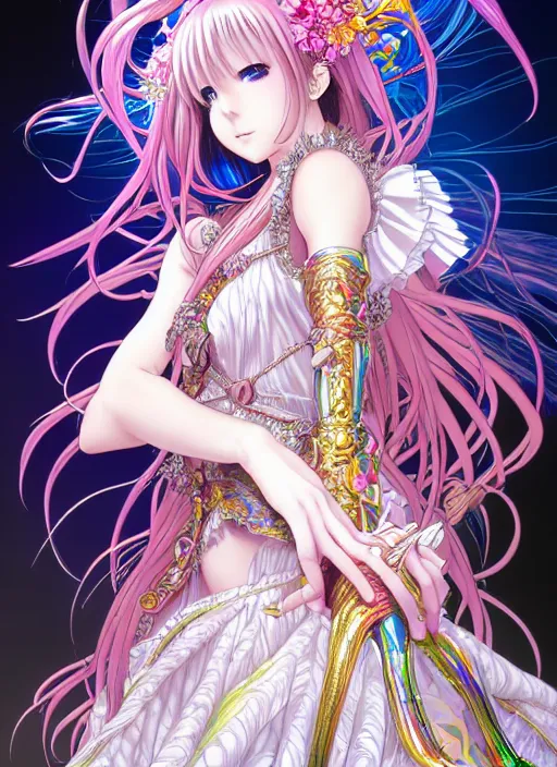 Image similar to highly detailed artstation minaba hideo anime poster of girl mechine, long hair, armor, dress, laces, ruffles, 8 k, rainbow gradient bloom, maximalist, hajime sorayama, takeshi obata, artgerm, alphonse mucha