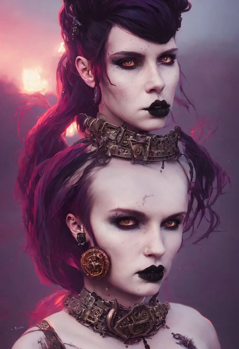 Image similar to beautiful very extreme closeup portrait, goth girl, piercings collar, mohawk hairstyle, medieval dress. witch, makeup. unreal engine, greg rutkowski, loish, rhads, beeple, tom bagshaw, alphonse mucha, global illumination, detailed and intricate environment