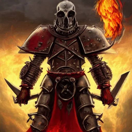 Image similar to champion of khorne in heavy armor holding a flaming sword, artstation hall of fame gallery, editors choice, #1 digital painting of all time, most beautiful image ever created, emotionally evocative, greatest art ever made, lifetime achievement magnum opus masterpiece, the most amazing breathtaking image with the deepest message ever painted, a thing of beauty beyond imagination or words