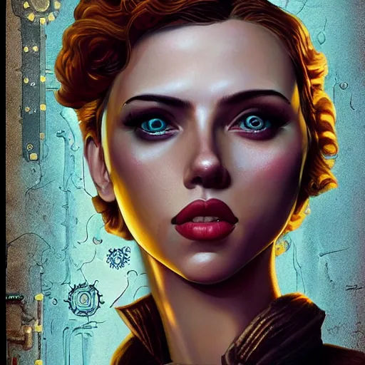 Prompt: Lofi Steampunk Bioshock portrait of Scarlett Johansson, Pixar style, by Tristan Eaton Stanley Artgerm and Tom Bagshaw.