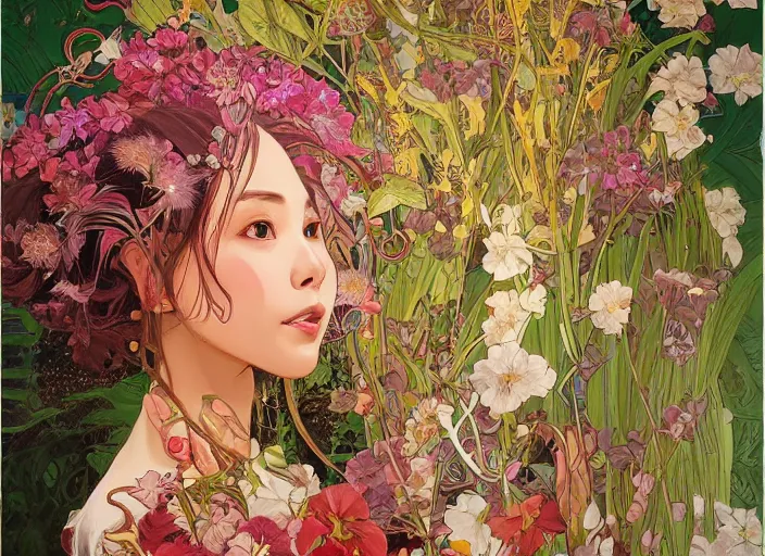 Prompt: oil painting, long shot, beautiful floralpunk iban bio mechanical female illustration detailed patterns art of sarawak traditional dress, flower pop art, floral splash painting, art by ashley wood, alphonse mucha, makoto shinkai, geof darrow, dark shadow