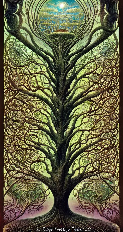 Image similar to tree of life by roger dean and andrew ferez, art forms of nature by ernst haeckel, divine chaos engine, symbolist, visionary, art nouveau, botanical fractal structures, organic, detailed, realistic, surreality