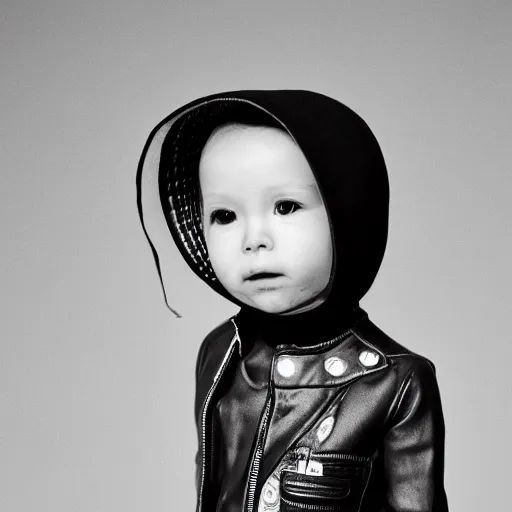 Prompt: the face of punk rock alien at 2 years old wearing balenciaga clothing, black and white portrait by julia cameron, chiaroscuro lighting, shallow depth of field, 8 0 mm, f 1. 8