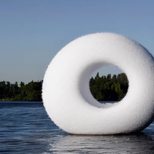 Prompt: many white spheres are stacked together to form a round cloud structure, which is designed by antti lovag on the calm water surface
