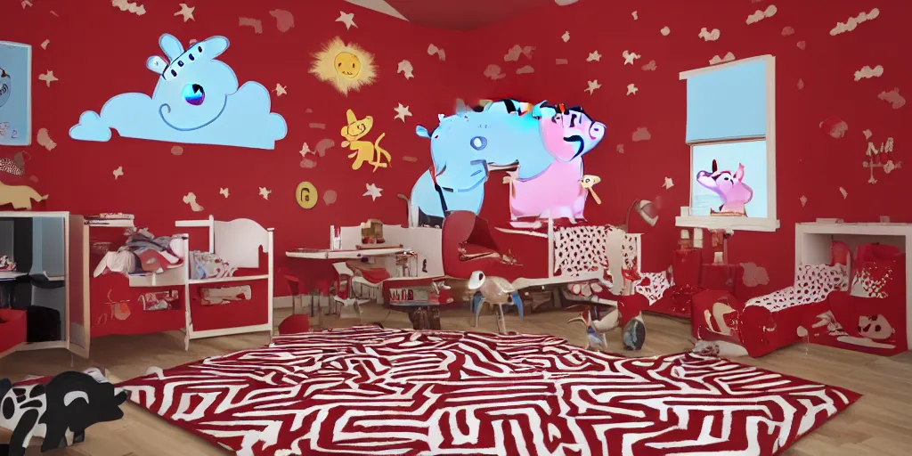 Prompt: peppa pig and pumbaa in the red room from twin peaks. black and white zig zag floor, strange