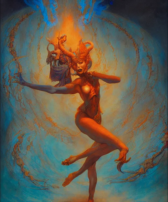 Prompt: blue shiva with dancing, glowing fiery background, in the style of peter mohrbacher, wayne barlowe, gustav moreau, bussiere, roberto ferri, santiago caruso, luis ricardo falero, austin osman spare, colorful