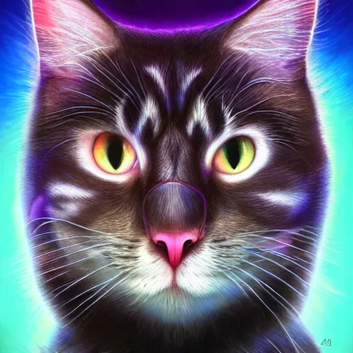 Image similar to colossal fluffy cat, by alex grey, fantasy, vivid colors, sharp focus, digital art, hyper - realistic, 4 k, unreal engine, highly detailed, hd, dramatic lighting by brom, trending on artstation