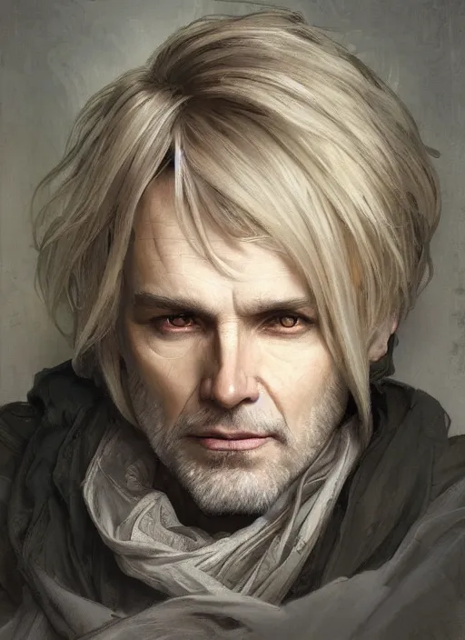 Image similar to a man aged 4 0 with blonde hair and hazel eyes and a friendly expression. he is wearing a tattered grey cloak. portrait painting by artgerm and greg rutkowski and alphonse mucha.