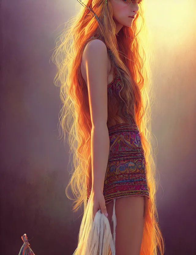 Image similar to a young woman wearing a boho dress at woodstock, hippie girl, long blonde hair, groovy hairband, bangs, intricate, smooth, groovy lighting, highly detailed, digital painting, artstation, concept art, smooth, sharp focus, illustration, art by wlop, mars ravelo and greg rutkowski