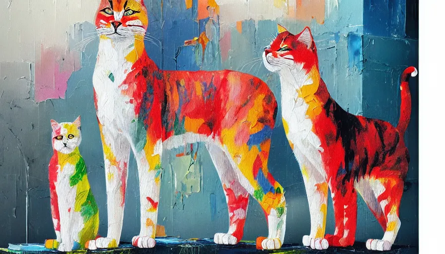 Prompt: contemporary semi abstract acrylic painting of really tall cats by cath kidston, by greg rutkowski, kessler art, thick brush strokes and visible paint layers, multicolor color scheme