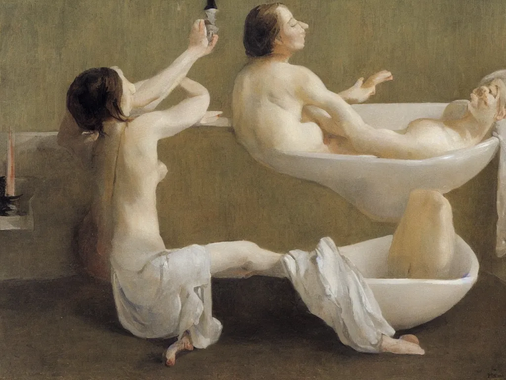 Image similar to woman in a bathtub. painting by fuchs ernst