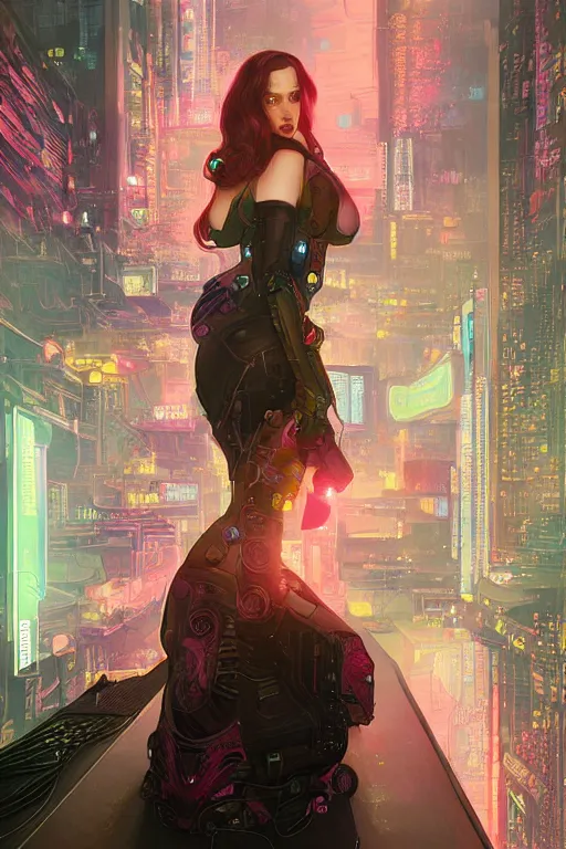 Image similar to portrait futuristic Kat Dennings, in future cyberpunk tokyo rooftop , sci-fi, fantasy, intricate, very very beautiful, elegant, neon light, highly detailed, digital painting, artstation, concept art, smooth, sharp focus, illustration, art by tian zi and WLOP and alphonse mucha