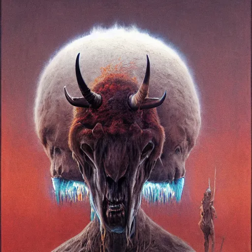 Prompt: portrait of Josh Allen wearing Bison head, dark fantasy, Warhammer, artstation painted by Zdzisław Beksiński and Wayne Barlowe