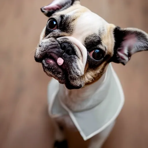 Image similar to photo of a sad white and brown french bulldog with a cone around his head