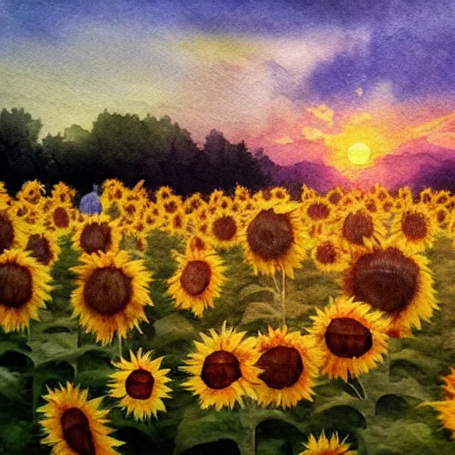 Prompt: Bedsheet Ghost in a field of sunflowers, sunset, Watercolor, photorealistic, high resolution, award winning, trending on artstation