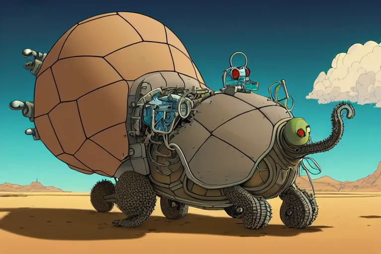 Image similar to a cell shaded cartoon of a lovecraftian mechanized turtle from howl's moving castle ( 2 0 0 4 ), on a desert road, full body, wide shot, very muted colors, post grunge, studio ghibli, laurie greasley, highly detailed, deviantart, art by artgem