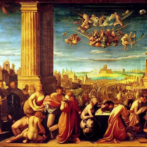 Image similar to a renaissance painting of an alien city ( made of gold )