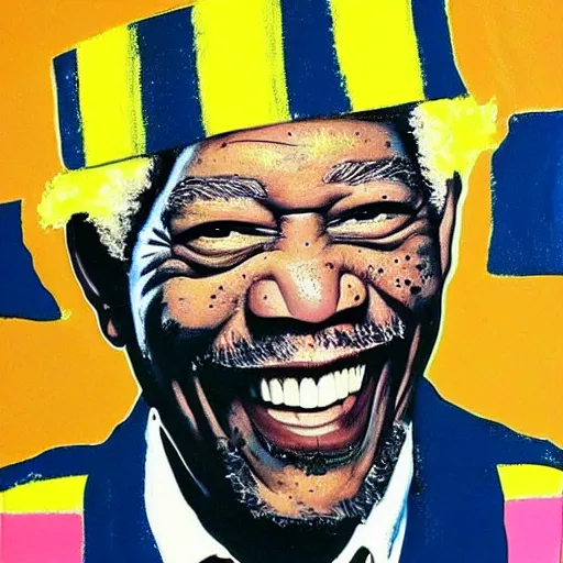 Image similar to a portrait of laughing Morgan Freeman . Tom's shoulders are in the frame. Tom looks sternly straight into the camera . painting in the style of Andy Warhol pop art