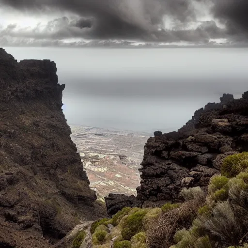 Prompt: roque nublo, gran canaria, noon, cloudy, by greg rutkowski