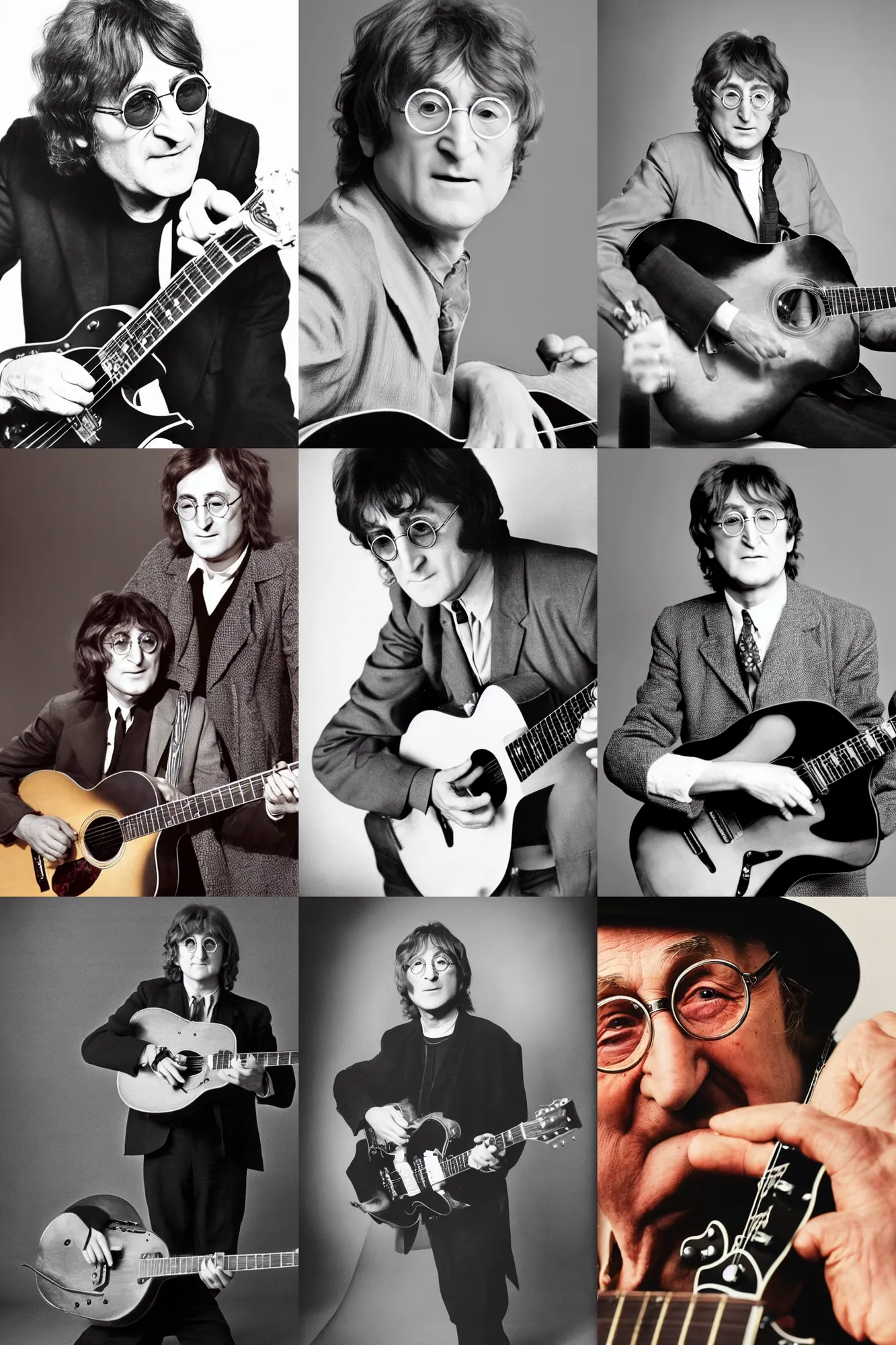Prompt: 80 years old john lennon posing with a guitar, good-looking old man , promo shoot, studio lighting