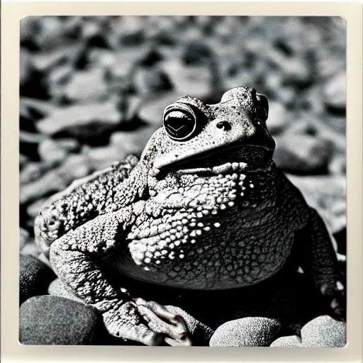 Prompt: a toad on a pile of round smooth rocks put one on another, polaroid photo, instax, white frame, by Warhol,